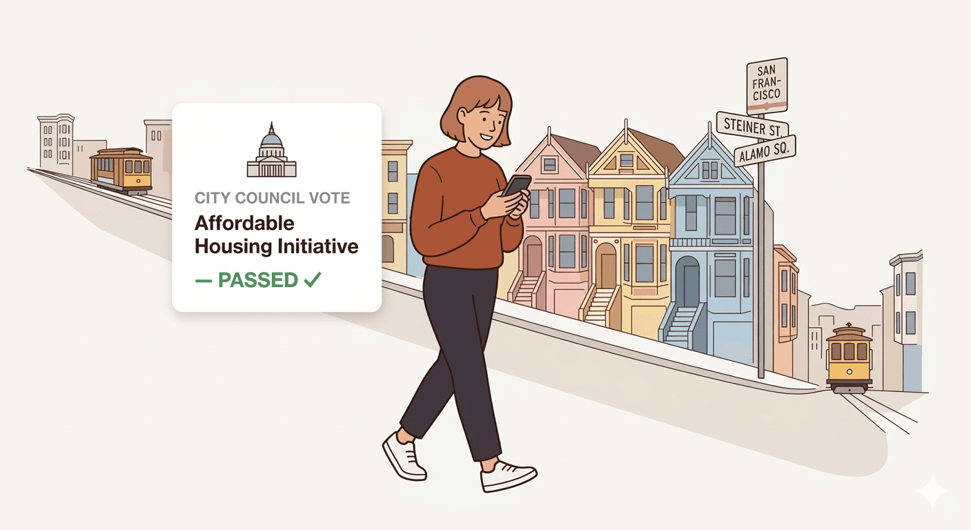 Person walking through San Francisco reading CitySmart on their phone